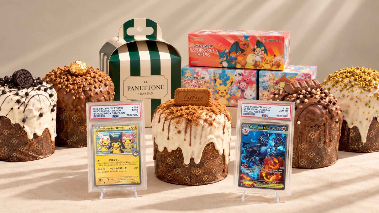 Panettone Pokémon de Eras Pan con las cartas Mega Charizard X ex y Pikachu con poncho